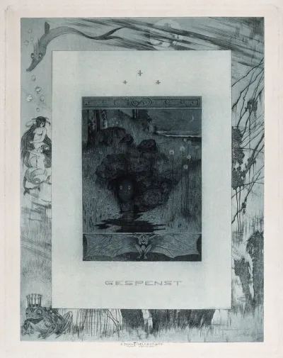 A ghost emerging from a hole in the ground; fish, sirens and a frog with a crown in the border