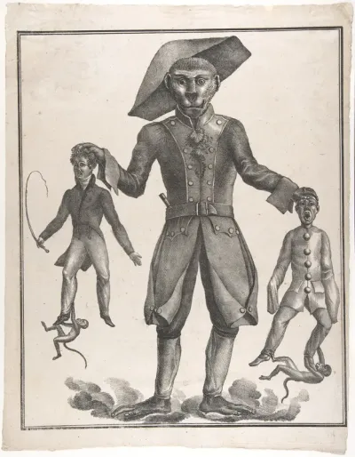 A Giant Monkey in Uniform Holding up Pierrot and a Man with a Whip