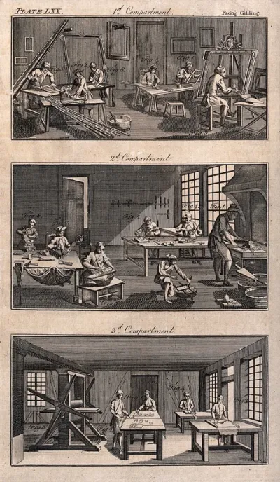 A gilder's workshop: people gilding frames, clockfaces and furniture with gold leaf