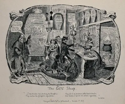 A gin shop: an elegant young woman is selling gin to a group of paupers who are standing in a mantrap; the walls decorated with coffins; Death enters the room dressed as a nightwatchman