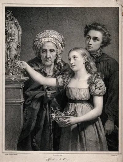 A girl, accompanied by an old woman and a boy offers flowers to an image of the Virgin