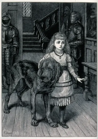 A girl and a dog walk through a hall lined with suits of armour