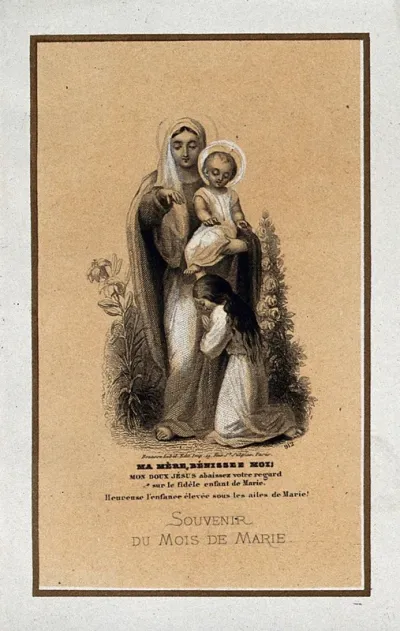 A girl asking the Virgin and Christ Child for their blessing