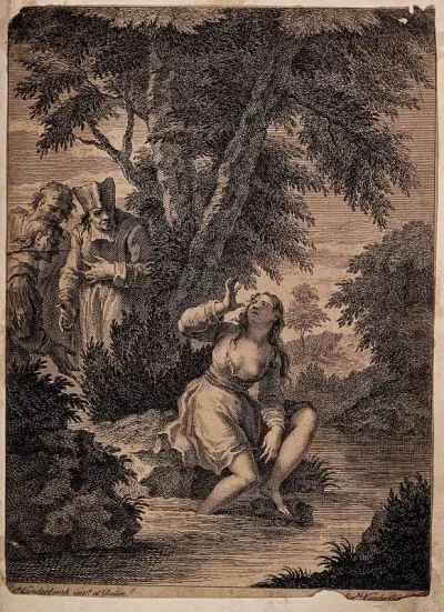 A girl by a river watched by three men