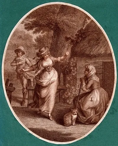 A girl closely followed by a young man rushes towards an old lady sitting on a stool outside a cottage