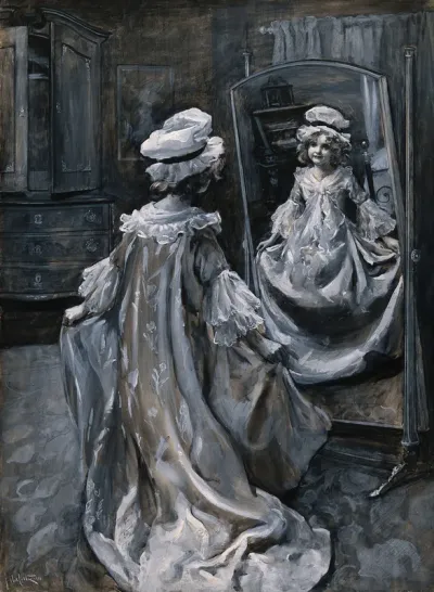 A girl dressed in a long dress and mob cap admiring herself in a long mirror