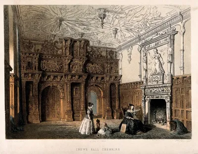 A girl feeds a begging dog treats, another girl sits in front, while a woman reads, Crewe Hall, Cheshire