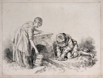 A girl filling a bucket at a water-outlet, whle a boy is opening up a fish (to clean it?)
