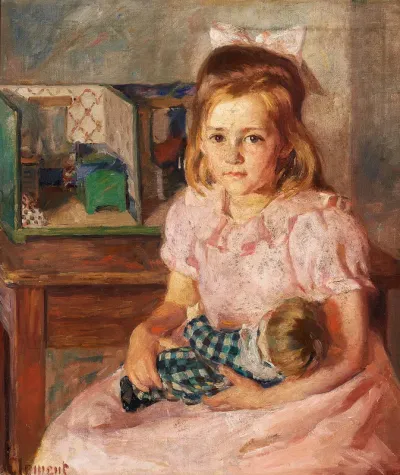 A girl in a pink dress with doll and dollhouse.