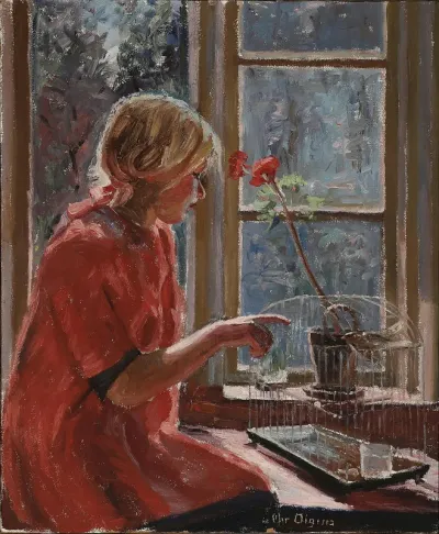 A girl in a red dress playing with a bird by a window.