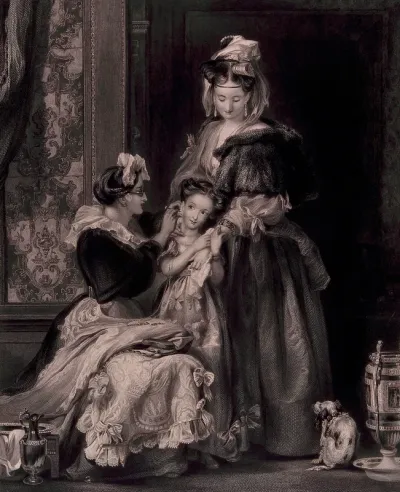 A girl is held by her mother as another woman pierces her ear for an earring