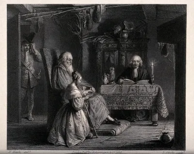 A girl kneels on the floor by an old man holding a book on his lap: another man sits at a table with an open book, a third removes his hat as he enters the room
