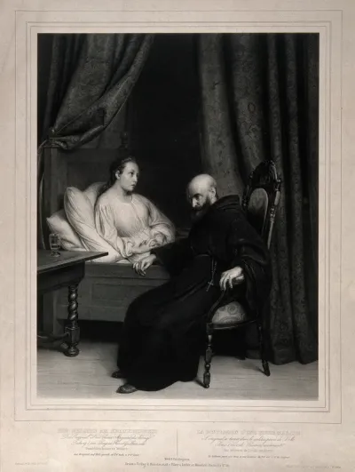 A girl making her confession to a monk from her sick bed
