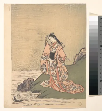 A Girl on the Edge of a Stream Sees a Demon's Head in the Water
