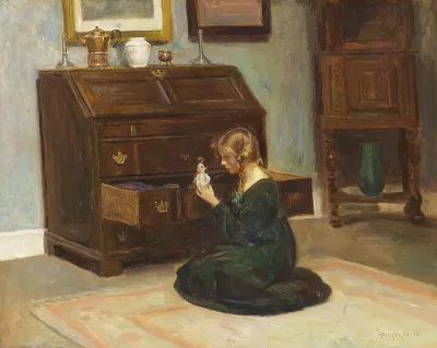 A girl playing with a doll.
