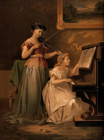 A girl plays the piano as a young woman accompanies her on the violin