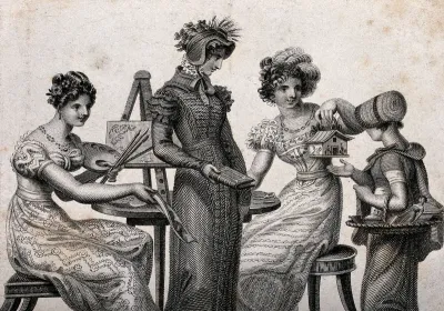 A girl receives three gifts from three young women: a painting from a woman seted at an easel, a leather-bound book from a woman dressed in outdoor clothes, and a model of a chalet from a woman with scissors and a knife