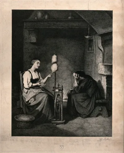 A girl sits spinning by the fire, opposite her sits a woman with her head in her hands