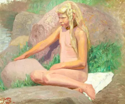 A girl sitting near the water. Study.