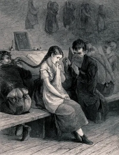 A girl sitting on a bench crying as a boy pulls her plait: another boy reads beside her