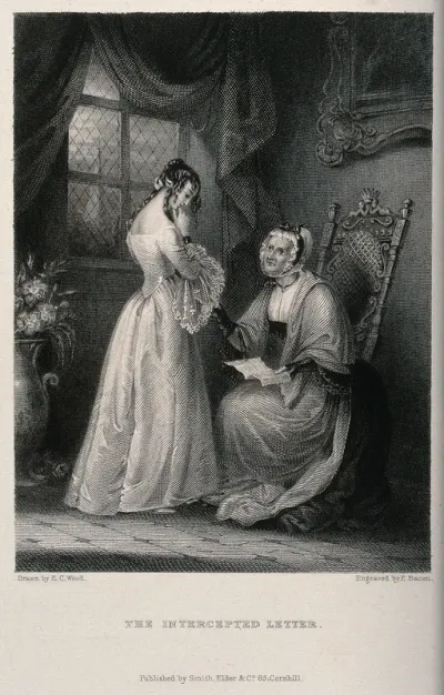 A girl stands in front of her grandmother who is holding a letter which she is questioning the girl about