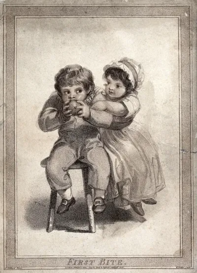 A girl tries to take an apple from her brother as he takes the first bite of it