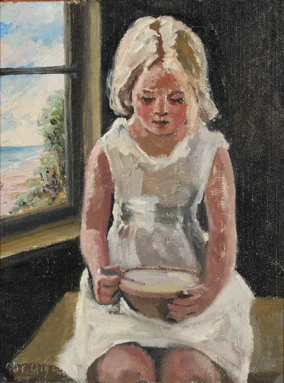 A girl with a bowl.
