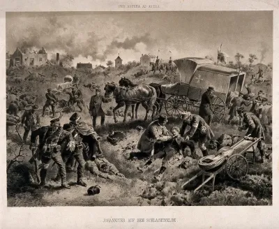A gloomy battlefield scene with the wounded being tended to and carried away