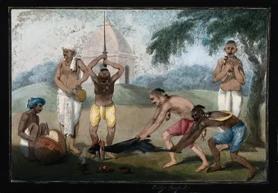 A goat about to be beheaded as a Hindu ritual in honour of the goddess Kālī