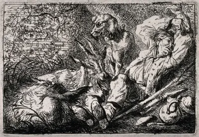 A goatherd lies down to rest with his goats and his dog