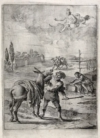 A god in the clouds watches on as a peasant is about to beat his donkey; illustration of a fable