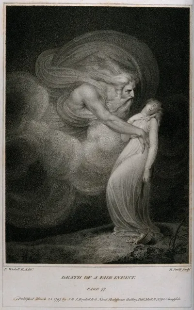 A God-like figure embraces a young fainting girl
