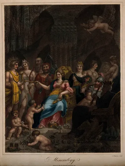 A goddess sits among a crowd of mythological figures with musical instruments and weapons; representing mineralogy