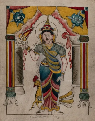 A goddess standing in front of a bird, holding a flower
