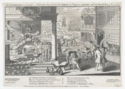 A goose lets blood from a seated gentleman holding a crutch, while geese representing Portsmouth aldermen sit in council