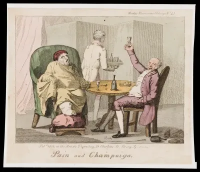 A gouty man at table with a bon viveur drinking champagne (a pun on "pain")