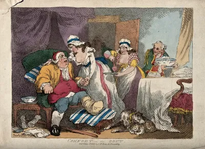 A gouty man seeking comfort in licentious surroundings