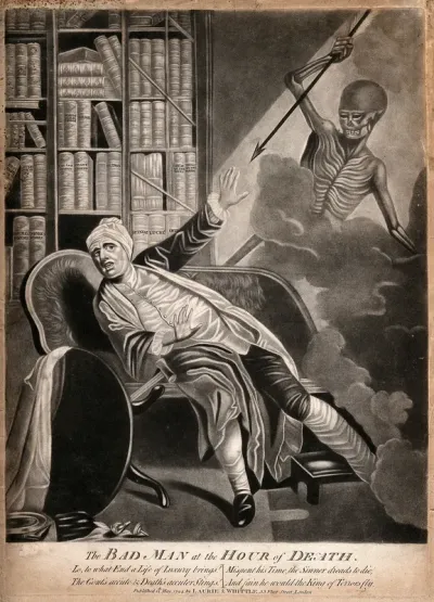 A gouty man startled by death; represented as a skeletal figure wielding an arrow