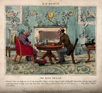 A gouty man surrounded by his collection of artefacts, telling his doctor how they keep turning blue; suggesting the man's melancholic loneliness