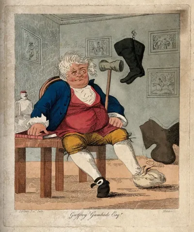 A gouty man surrounded by horse-riding accoutrements