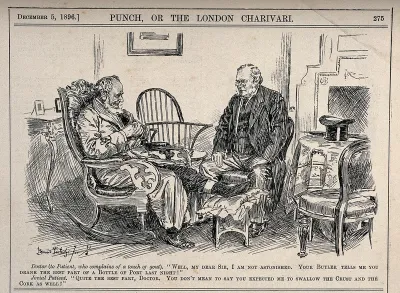 A gouty man talking to his doctor who is totally unsympathetic after discovering that his patient had finished off a bottle of port the previous evening