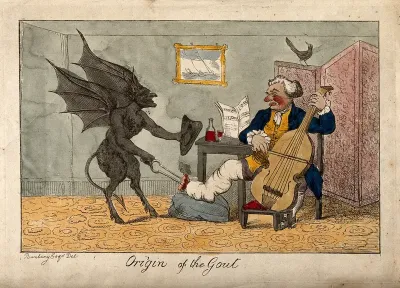 A gouty man who is drinking wine and playing the cello; the pain is represented by a devil burning his foot