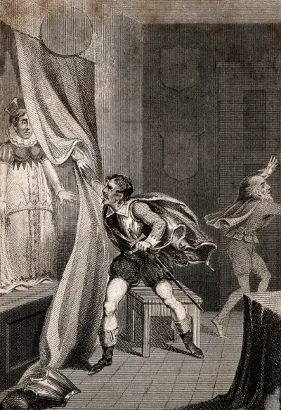 A governess concealed in a niche in order to eavesdrop a conversation is discovered when she causes a coat of armour to fall loudly to the floor