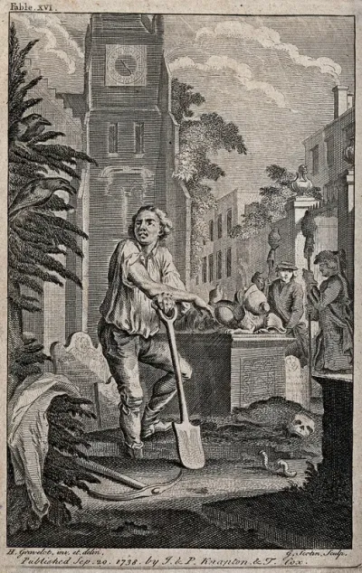 A gravedigger in a churchyard