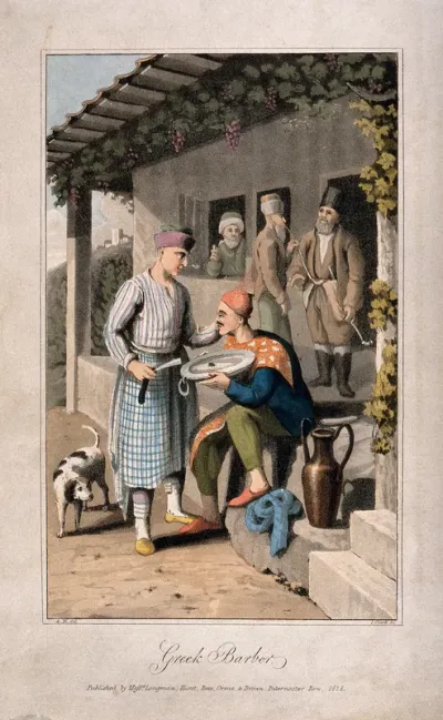 A Greek barber shaving a man
