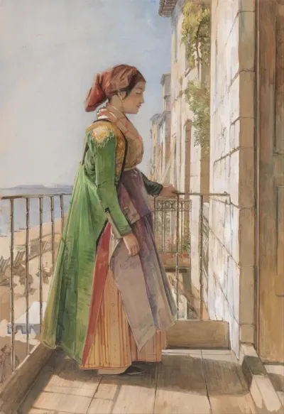 A Greek Girl Standing on a Balcony