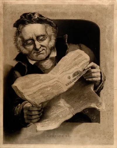 A Greenwich Pensioner, seated, wearing red coat and tricorn hat, reading 'The Naval & Military gazette' No