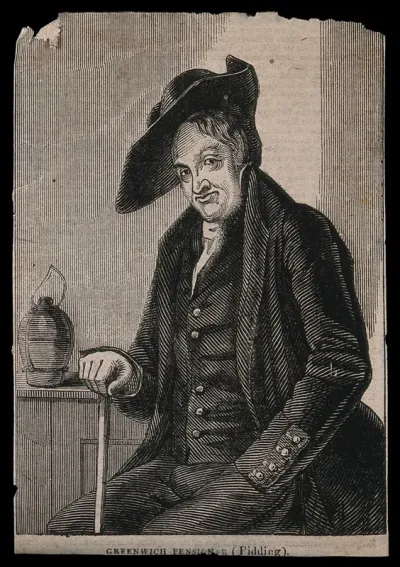 A Greenwich Pensioner, seated, with a jug near his left hand