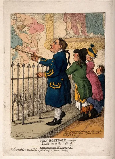 A Greenwich Pensioner showing the Thornhill decorations in the Painted Hall to a family of visitors