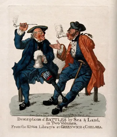 A Greenwich Pensioner sits with a Chelsea Pensioner, telling stories of their campaigns: each is disabled in various ways